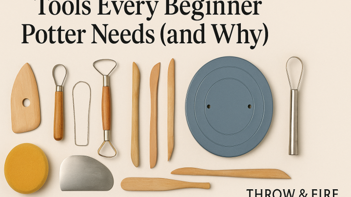Flat lay photo of essential pottery tools for beginners including ribs, loop tools, sponges, and a bat.